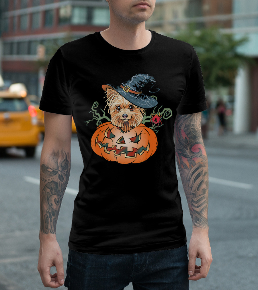 Yorkshire Terrier Witch Hat Pumpkin Halloween T-Shirt