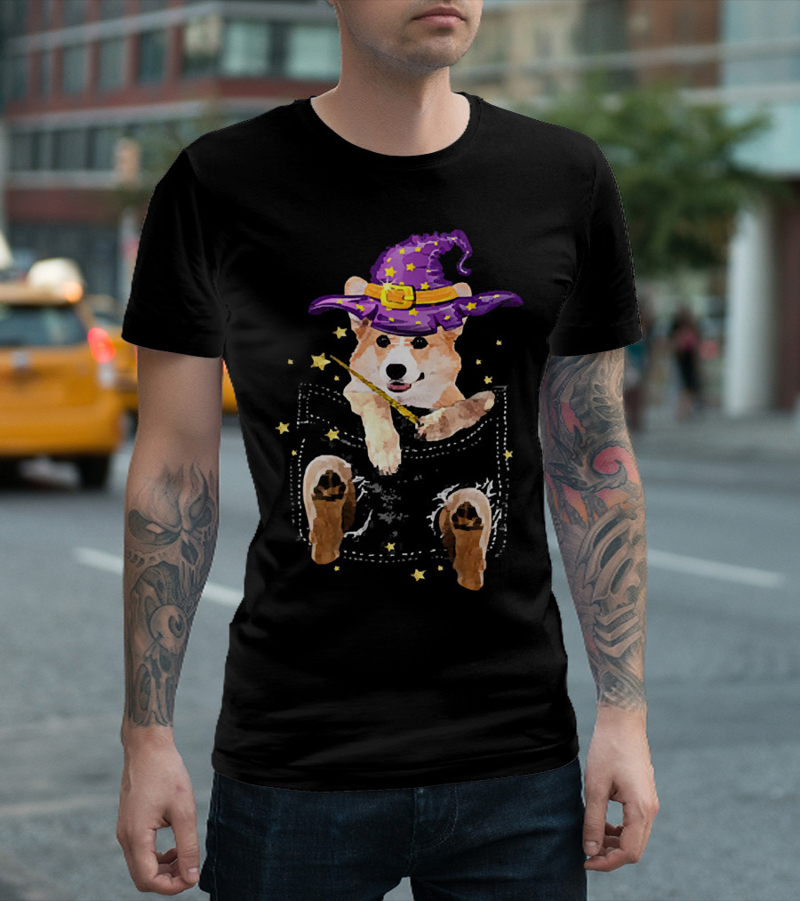Corgi Witch Hat Starry Pocket Magic Wand Corgi T-Shirt