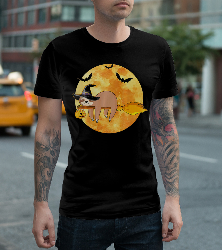 Lazy Sloth Riding Witches Broom with Pumpkin and Full Moon Background T-Shirt
