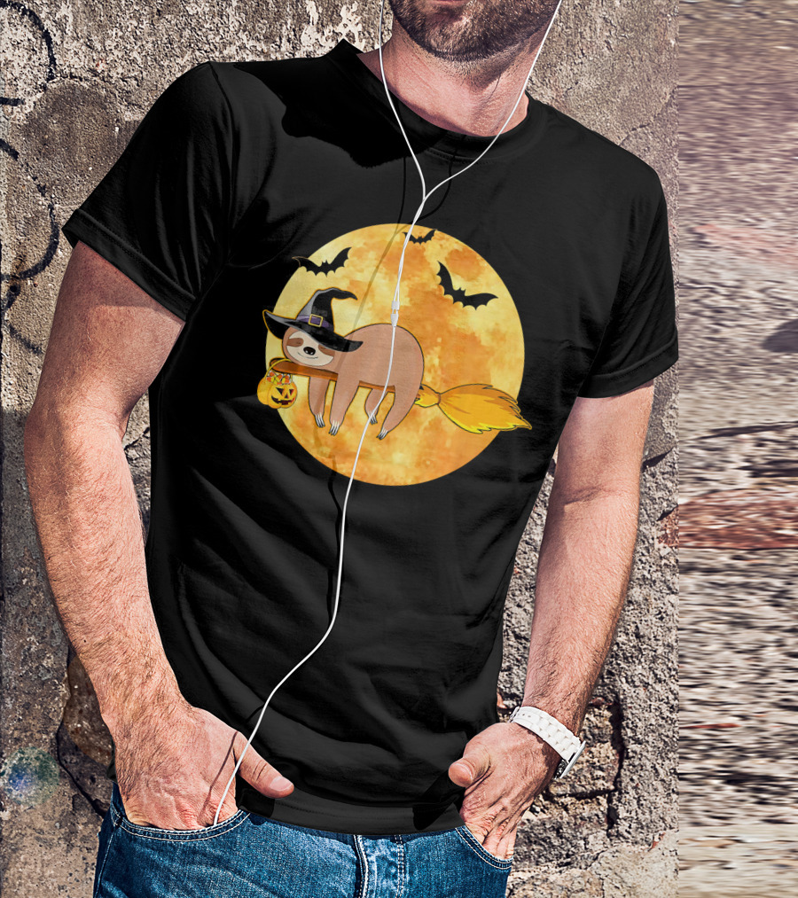 Lazy Sloth Riding Witches Broom With Pumpkin And Full Moon Background T-Shirt