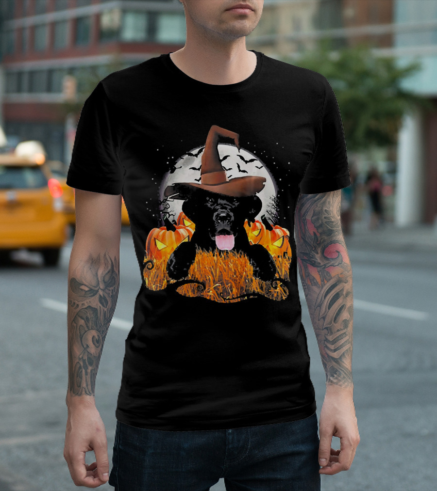Labrador Halloween Cute Dog Witch with Pumpkin and Moon T-Shirt