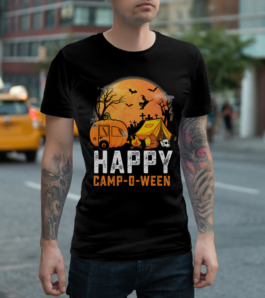 Funny Happy Camp O Ween Camping Halloween Scene with Pumpkin Caravan and Tent T-Shirt