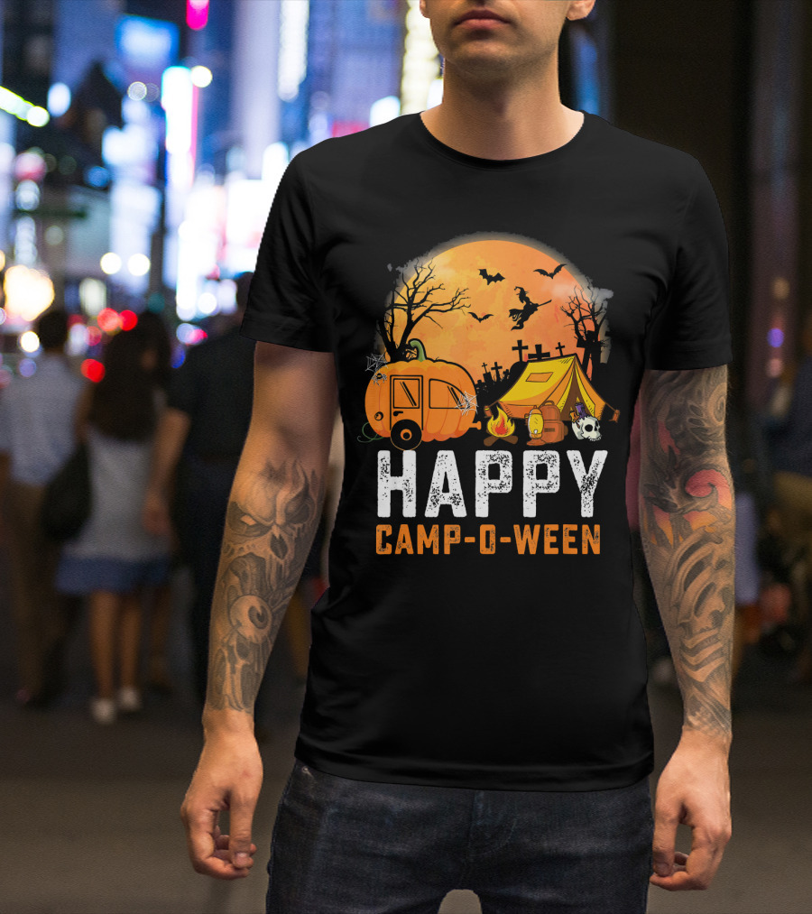 Funny Happy Camp O Ween Camping Halloween Scene With Pumpkin Caravan And Tent T-Shirt