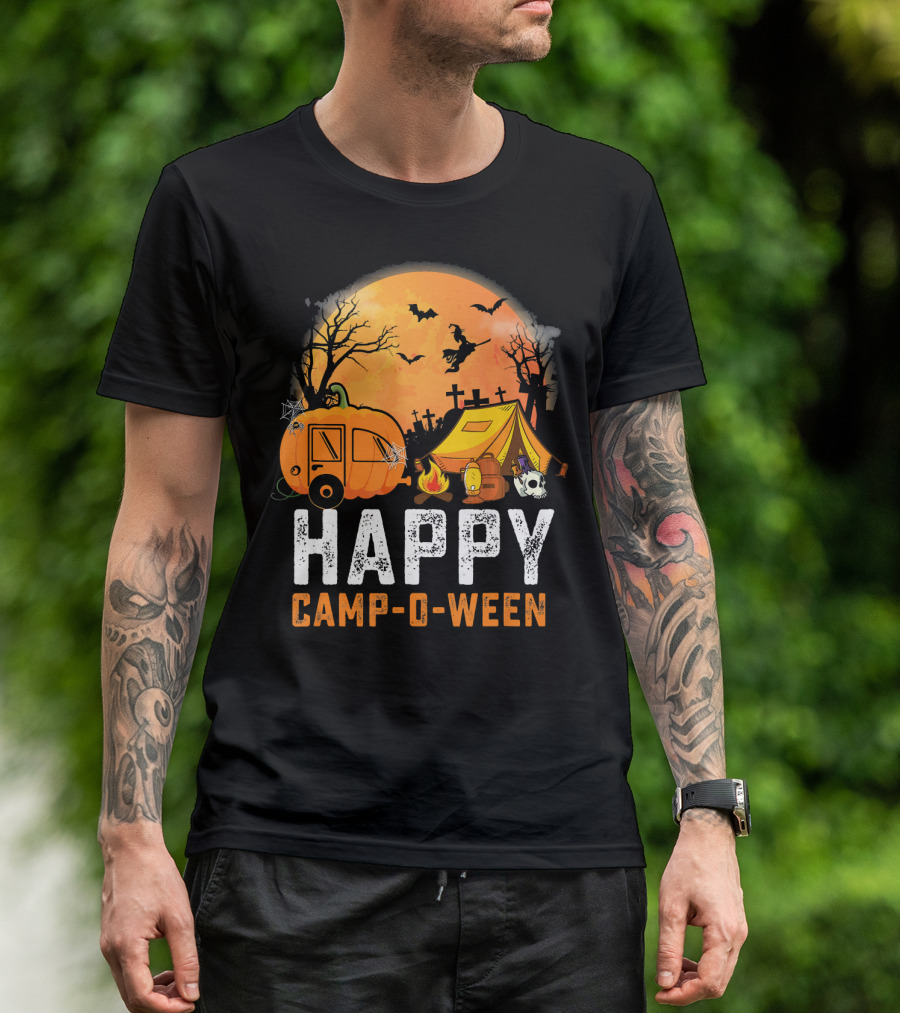 Funny Happy Camp O Ween Camping Halloween Scene With Pumpkin Caravan And Tent T-Shirt