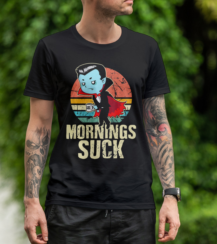 Mornings Suck Cute Funny Vampire With I Hate Mornings Coffee Cup T-Shirt