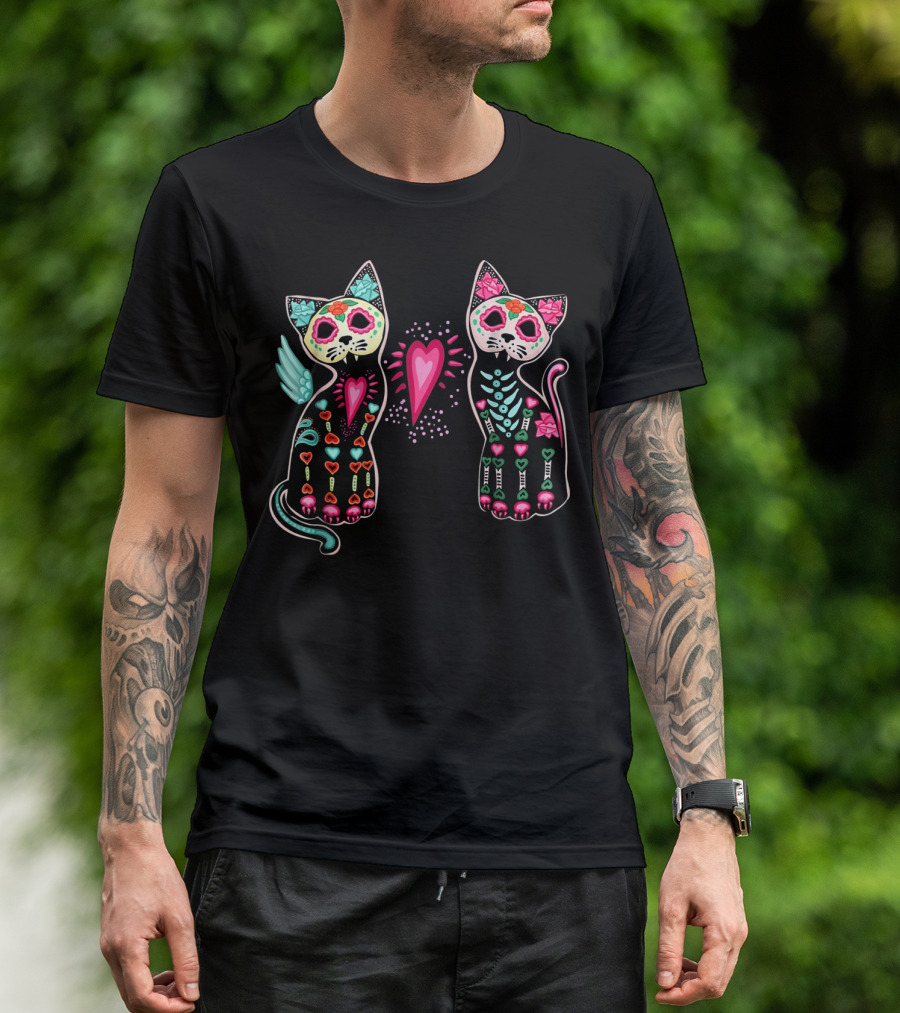 Day Of Dead Sugar Cats Skeleton Skull Winged Heart T-Shirt