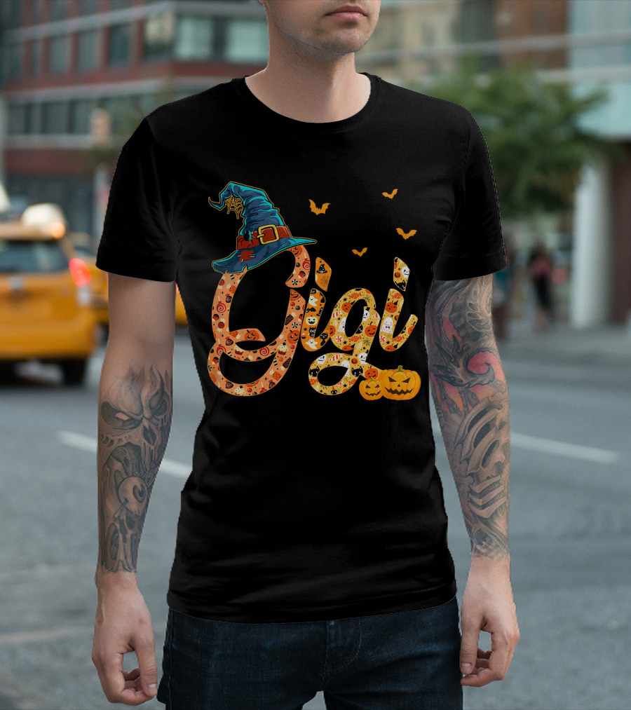 Gigi Funny Halloween Witch Hat Pumpkins Bats T-Shirt