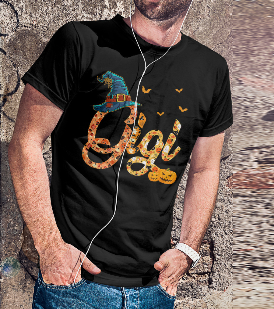 Gigi Funny Halloween Witch Hat Pumpkins Bats T-Shirt