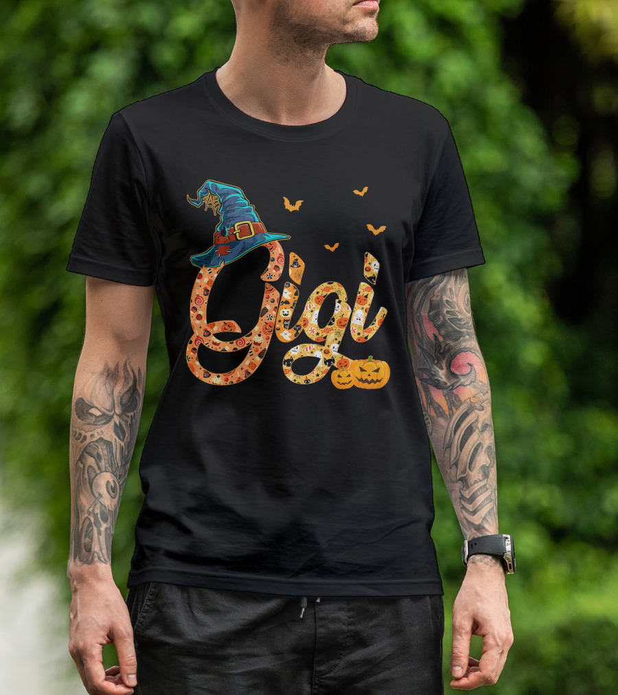 Gigi Funny Halloween Witch Hat Pumpkins Bats T-Shirt