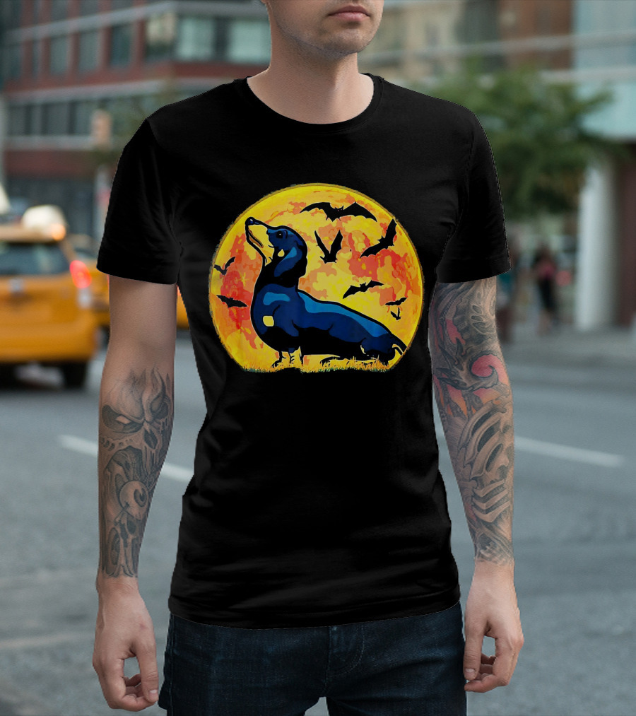 Dachshund Halloween Moon with Flying Bats T-Shirt