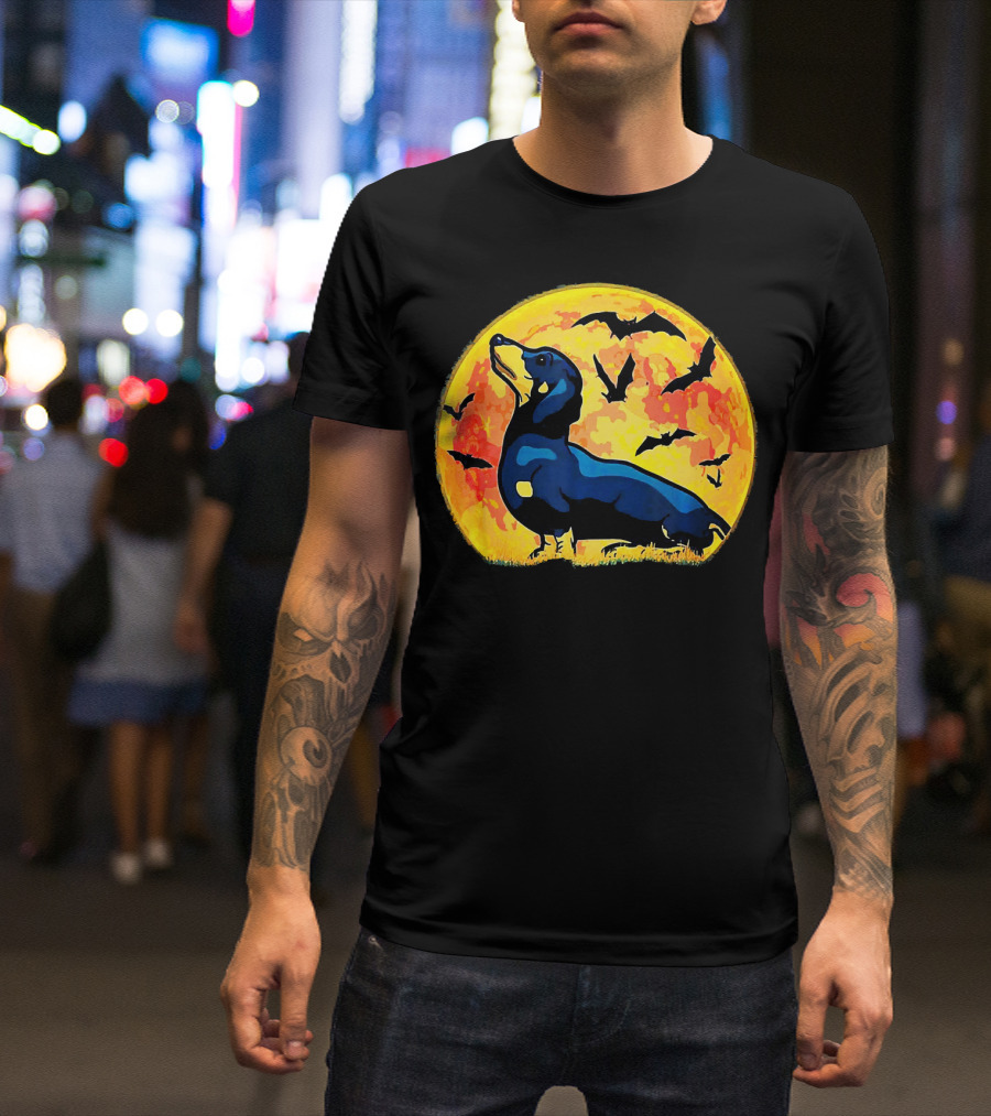 Dachshund Halloween Moon With Flying Bats T-Shirt