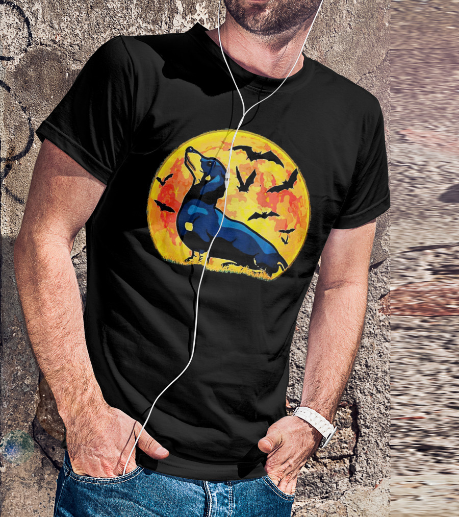 Dachshund Halloween Moon With Flying Bats T-Shirt