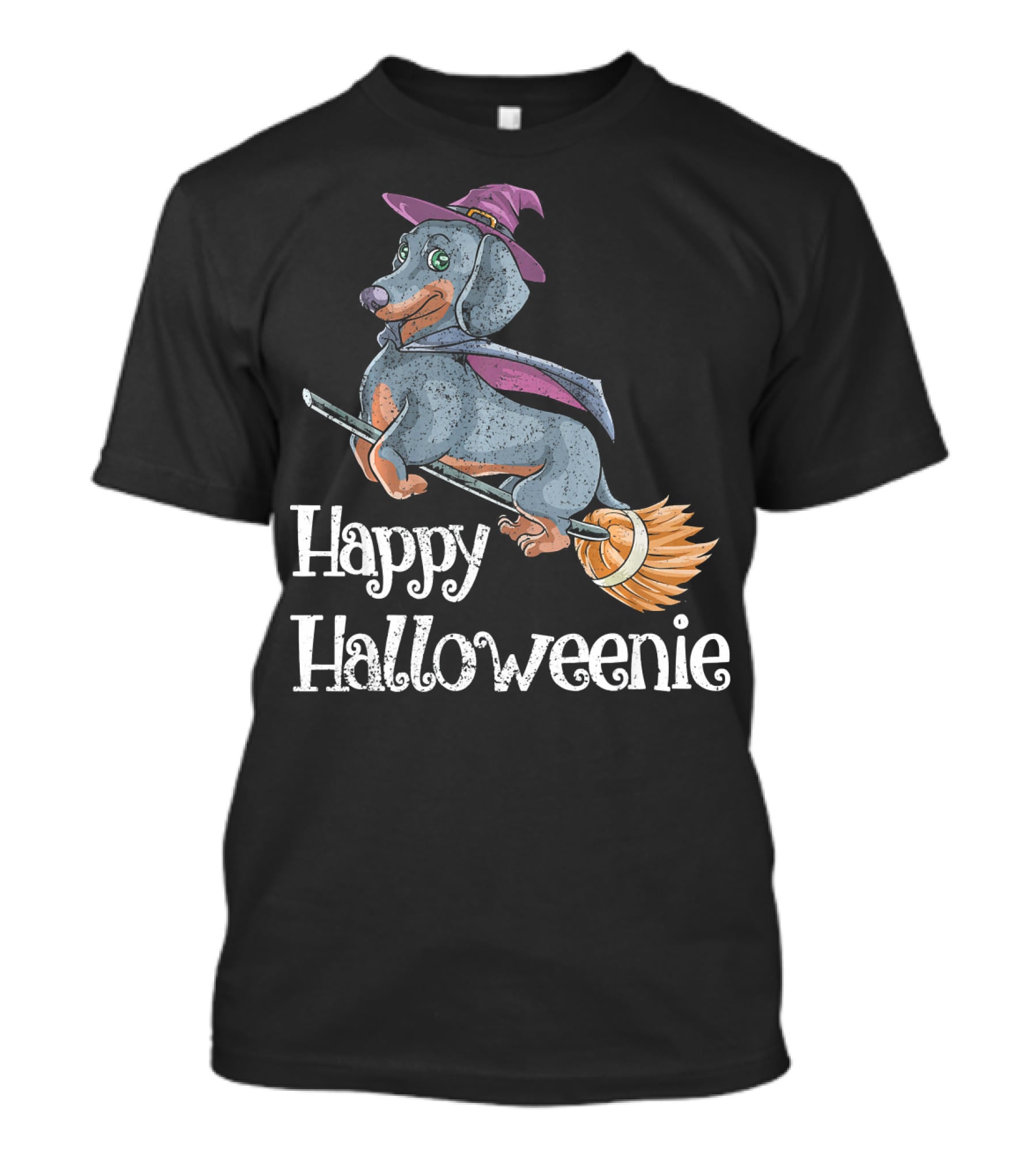 Happy Halloweenie Dachshund Witch Riding Broomstick T-Shirt