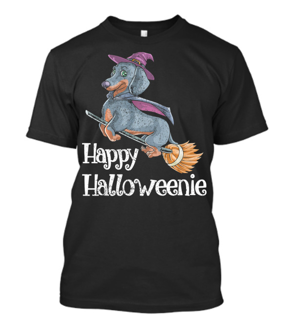 Happy Halloweenie Dachshund Witch Riding Broomstick T-Shirt