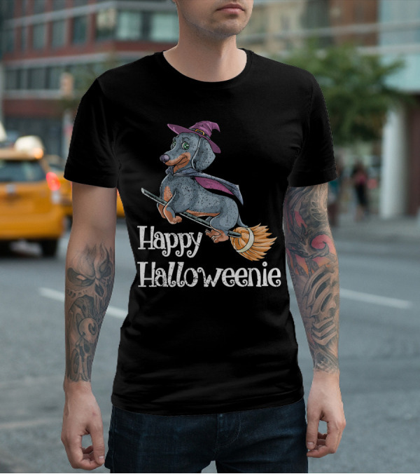 Happy Halloweenie Dachshund Witch Riding Broomstick T-Shirt