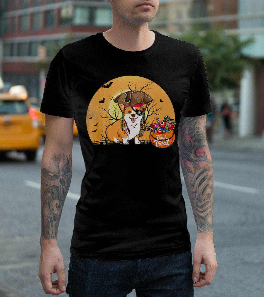 Trick or Treat Pirate Corgi Halloween Scene with Candy Bowl and Bats T-Shirt