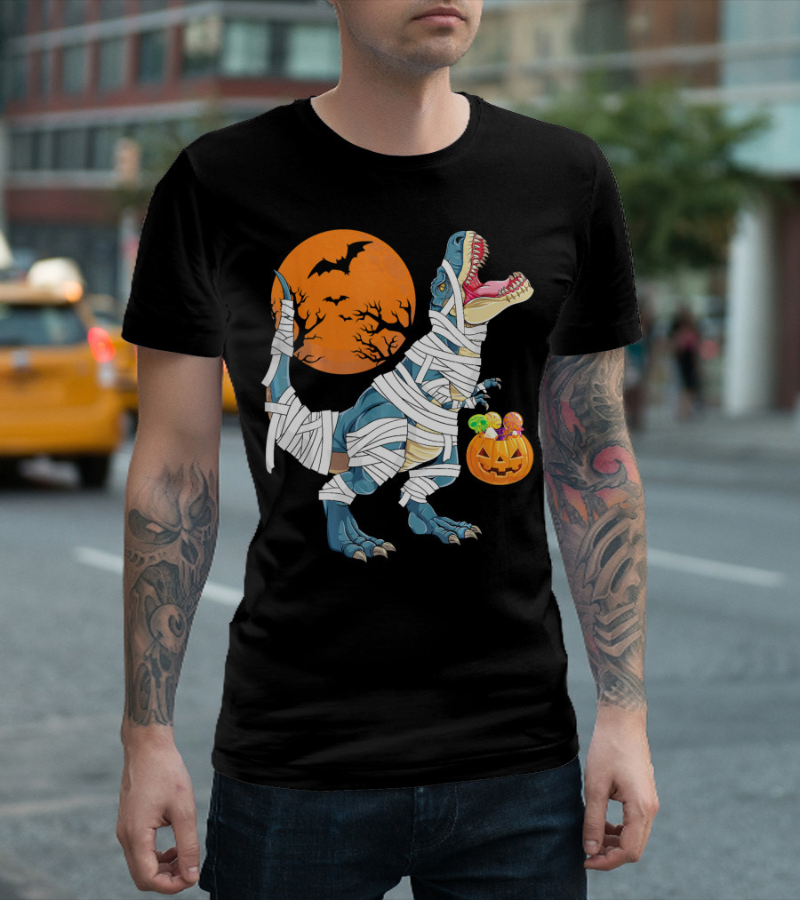 Halloween Dino Girls Kids Mummy Dinosaur Bats Pumpkin Moon T-Shirt