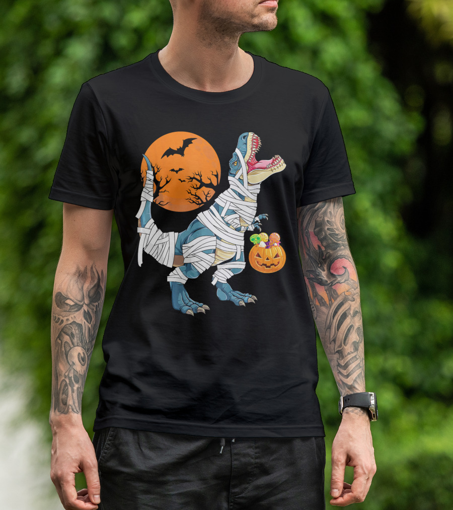 Halloween Dino Girls Kids Mummy Dinosaur Bats Pumpkin Moon T-Shirt