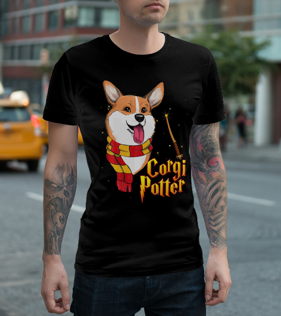 Corgi Potter Cute Harry Pawter Dog With Scarf And Wand T-Shirt