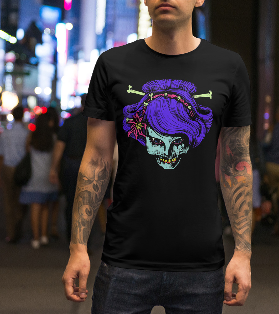 Zombie Geisha Skull With Purple Hair And Bone Hairpins T-Shirt