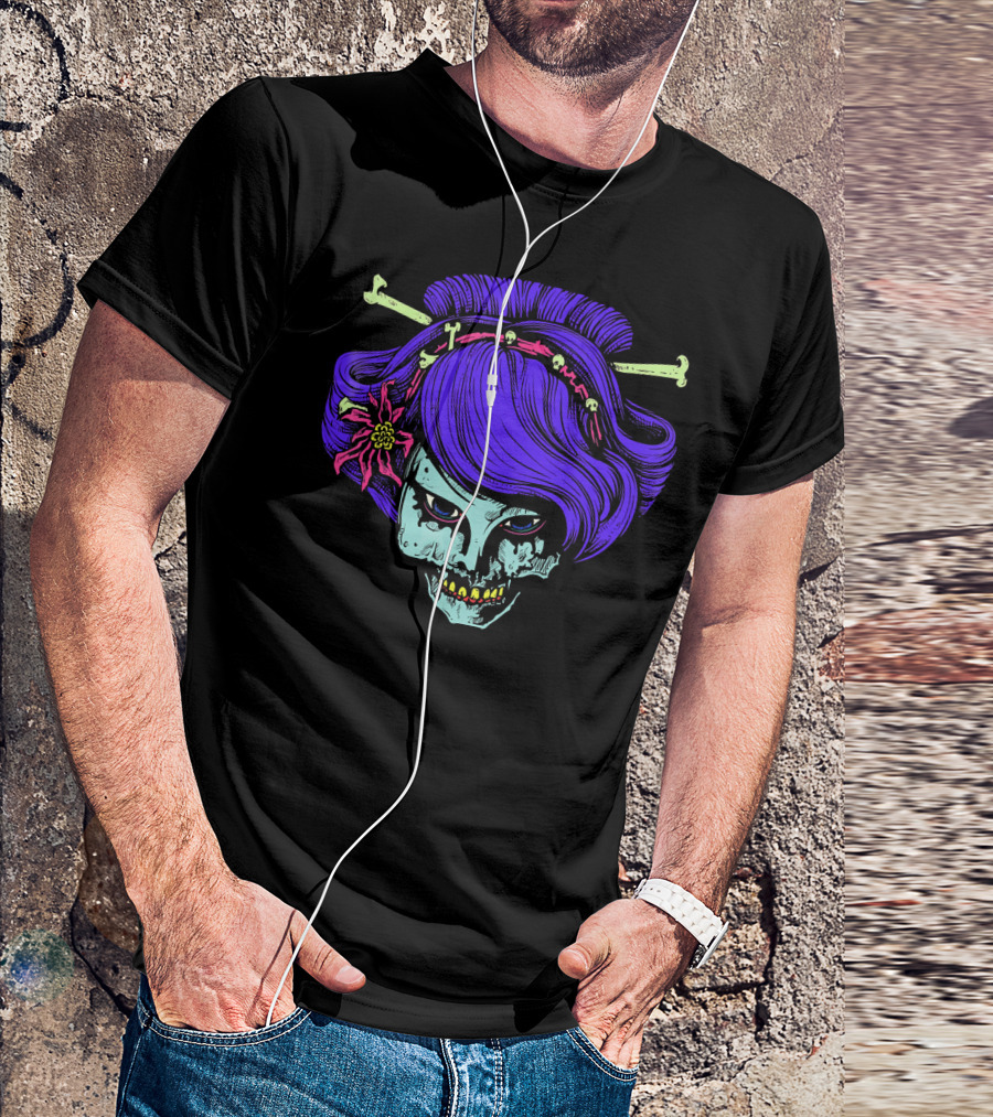 Zombie Geisha Skull With Purple Hair And Bone Hairpins T-Shirt