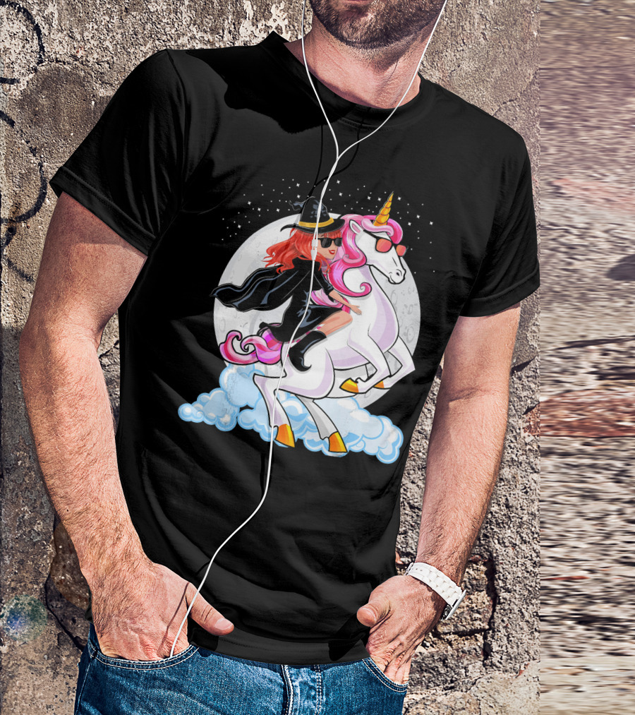 Halloween Witch Riding A Unicorn In Front Of Full Moon T-Shirt