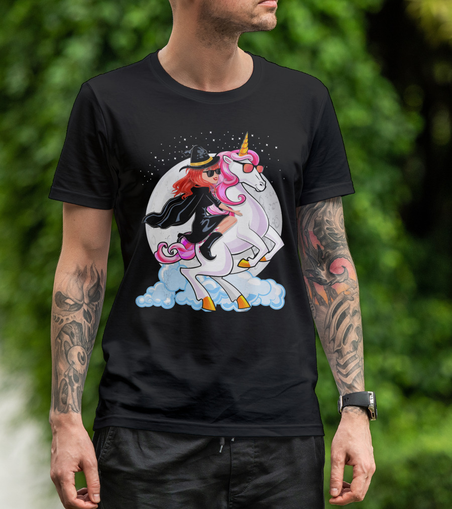 Halloween Witch Riding A Unicorn In Front Of Full Moon T-Shirt