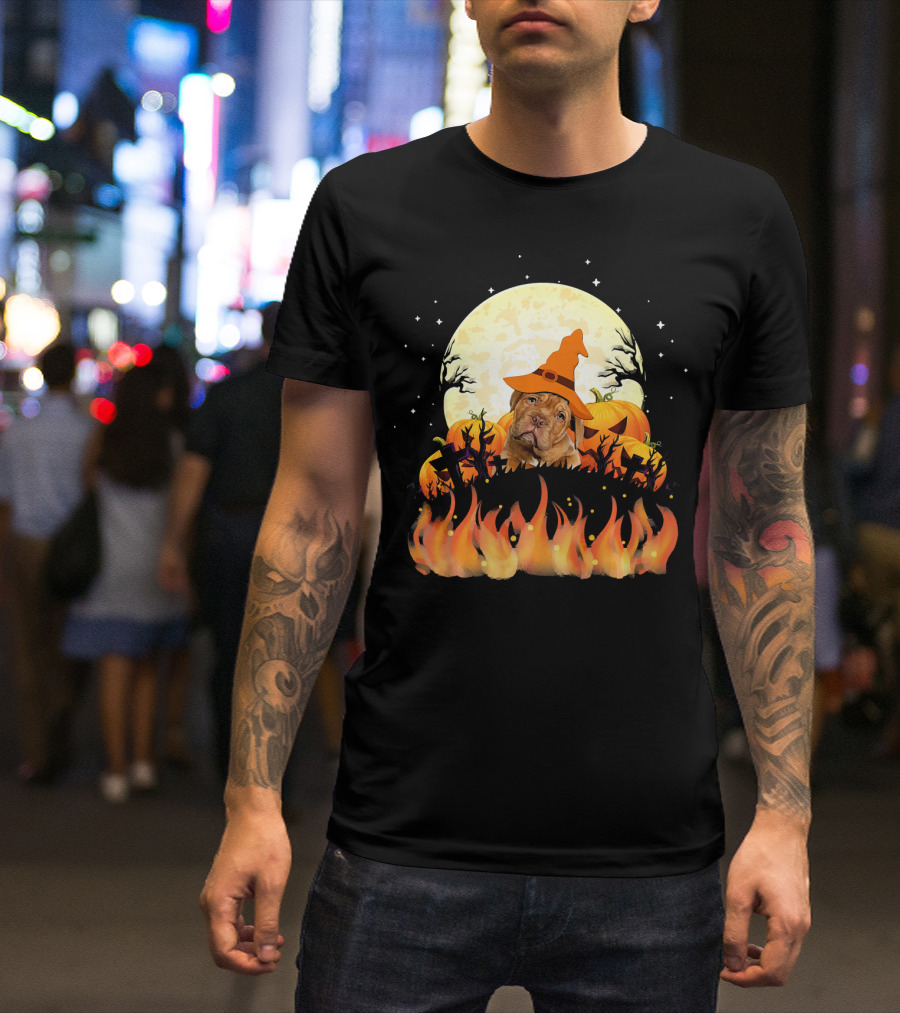 Dogue De Bordeaux Dog Lovers Halloween Full Moon Witch Hat Pumpkin Fire Scene T-Shirt
