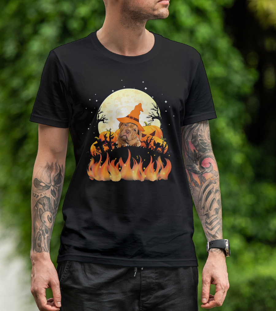 Dogue De Bordeaux Dog Lovers Halloween Full Moon Witch Hat Pumpkin Fire Scene T-Shirt
