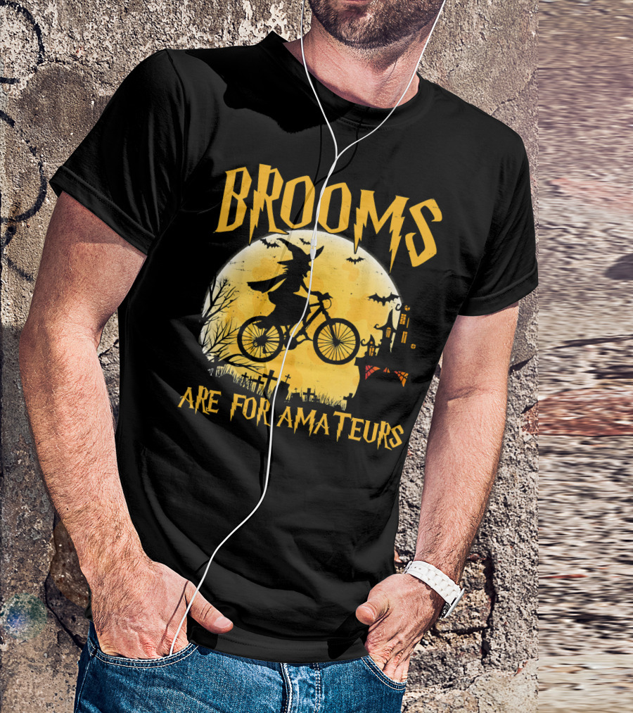 Brooms Are For Amateurs Witch Flying Bike Silhouette Halloween Moon Graveyard T-Shirt