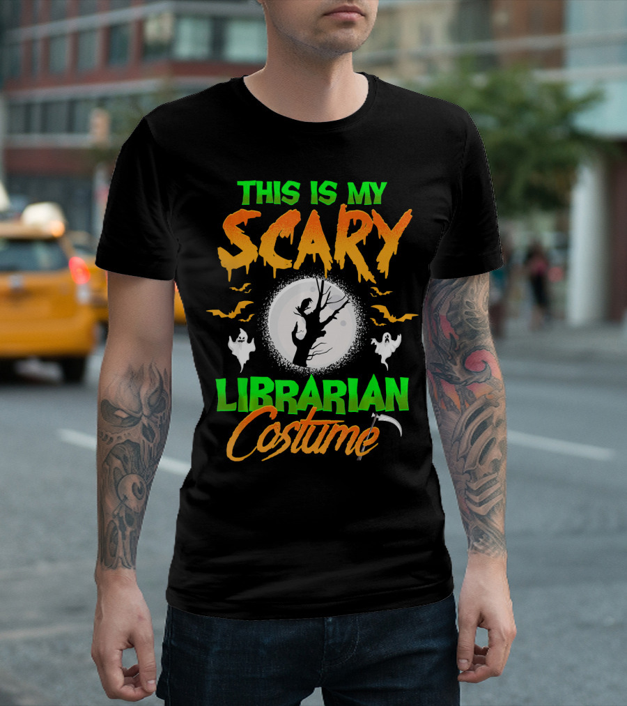 This Is My Scary Librarian Costume Ghosts Bats Moon Grim Reaper Scythe T-Shirt