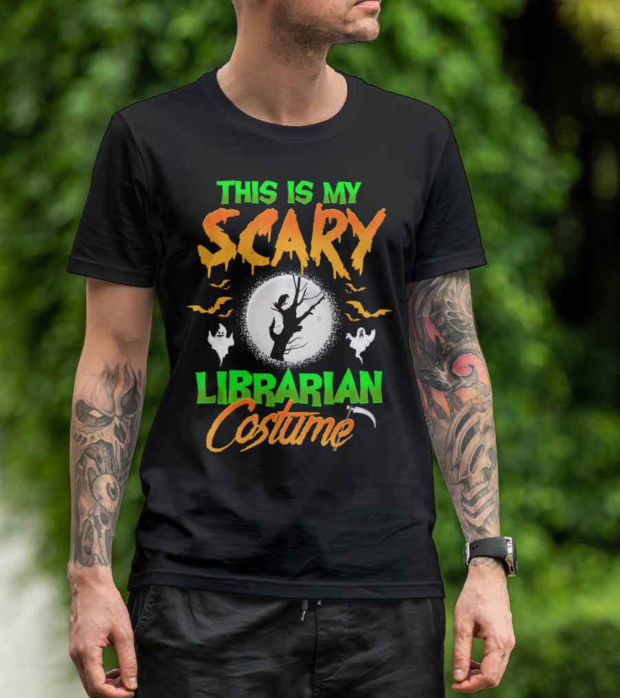 This Is My Scary Librarian Costume Ghosts Bats Moon Grim Reaper Scythe T-Shirt