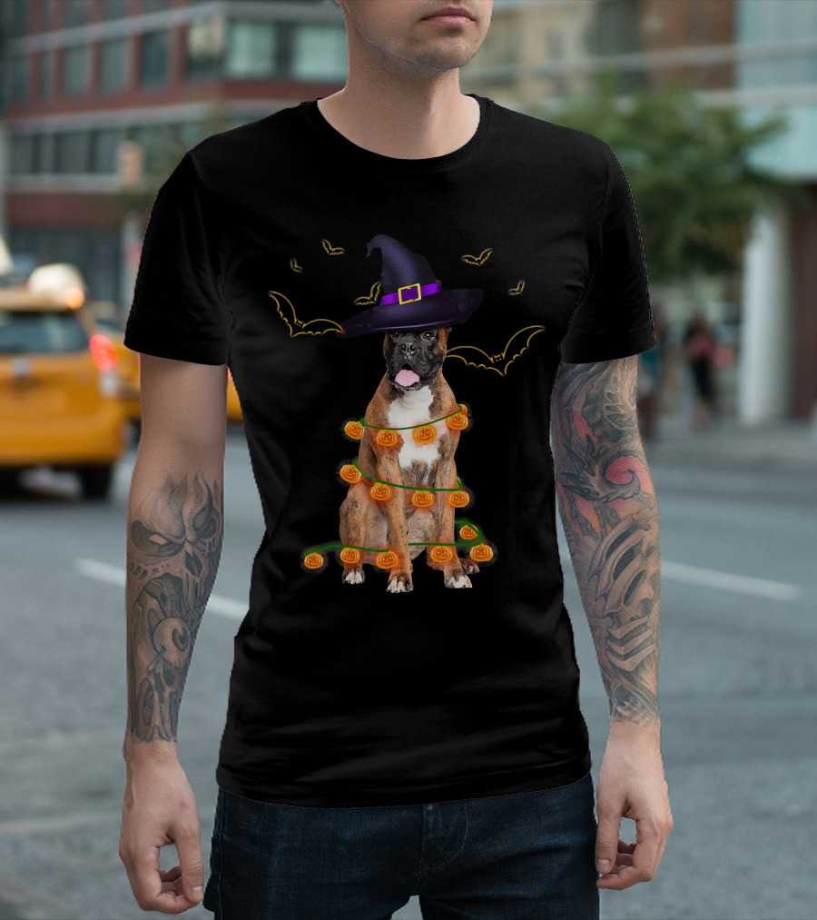 Halloween Boxer Dog Pumpkin Lights Witch Hat Fun T-Shirt