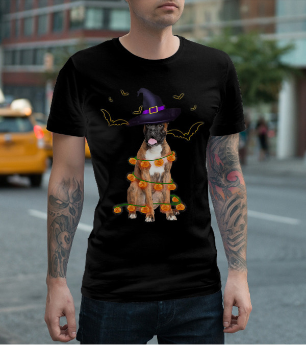 Halloween Boxer Dog Pumpkin Lights Witch Hat Fun T-Shirt