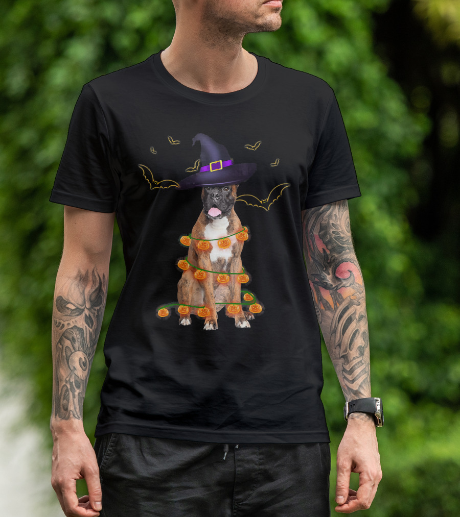 Halloween Boxer Dog Pumpkin Lights Witch Hat Fun T-Shirt