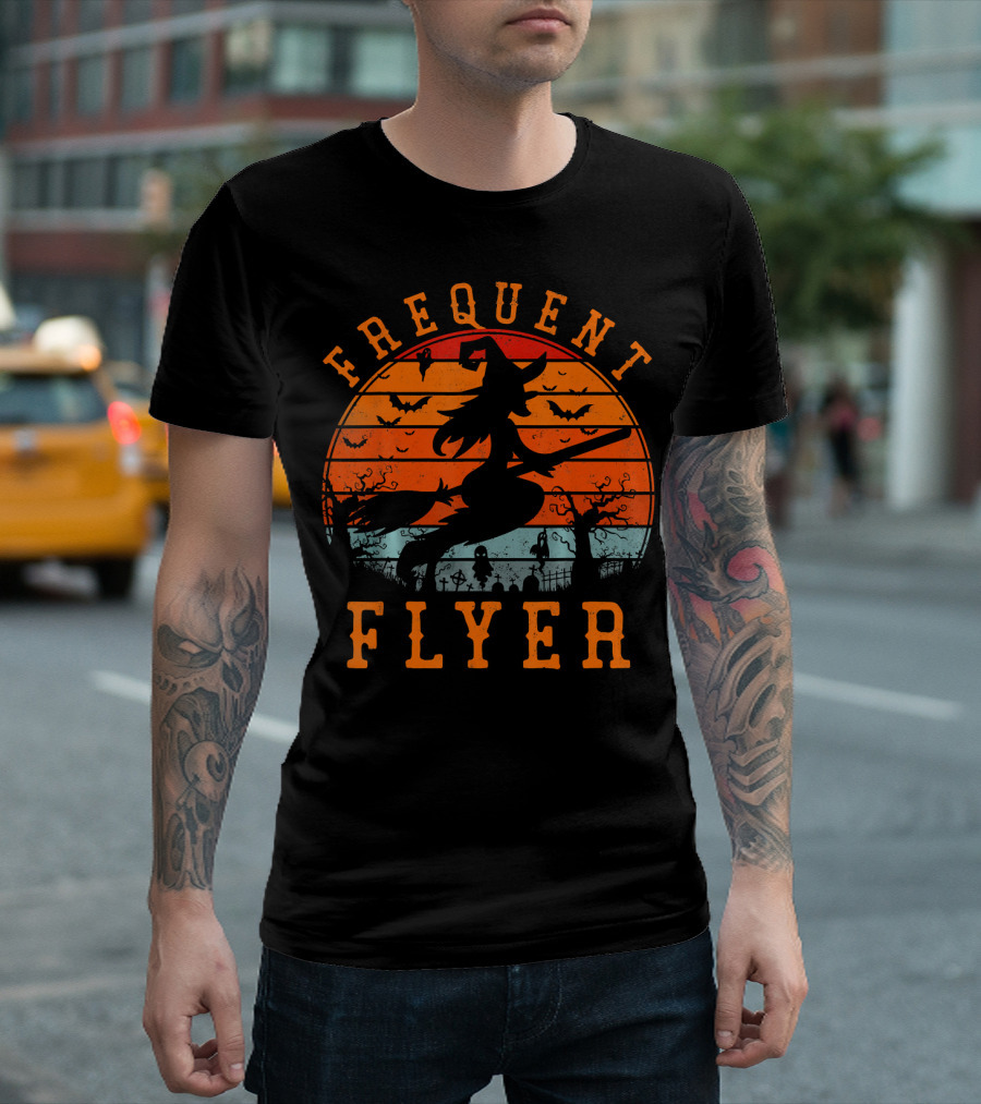 Frequent Flyer Witch Silhouette Halloween Bats And Graveyard Scene T-Shirt
