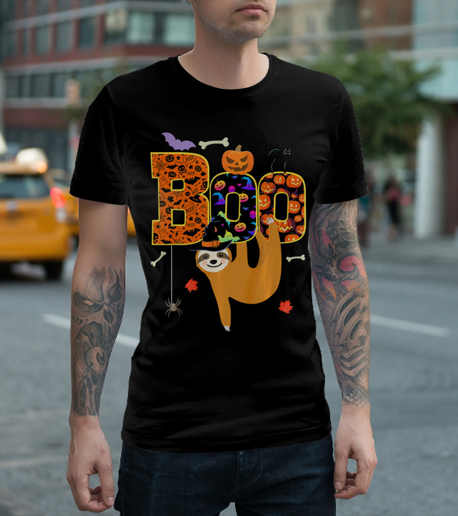 Boo Halloween Sloth With Witch Hat Pumpkins and Spider T-Shirt