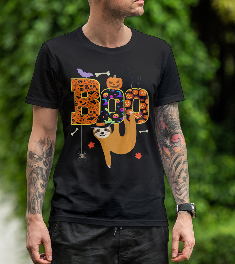 Boo Halloween Sloth With Witch Hat Pumpkins And Spider T-Shirt
