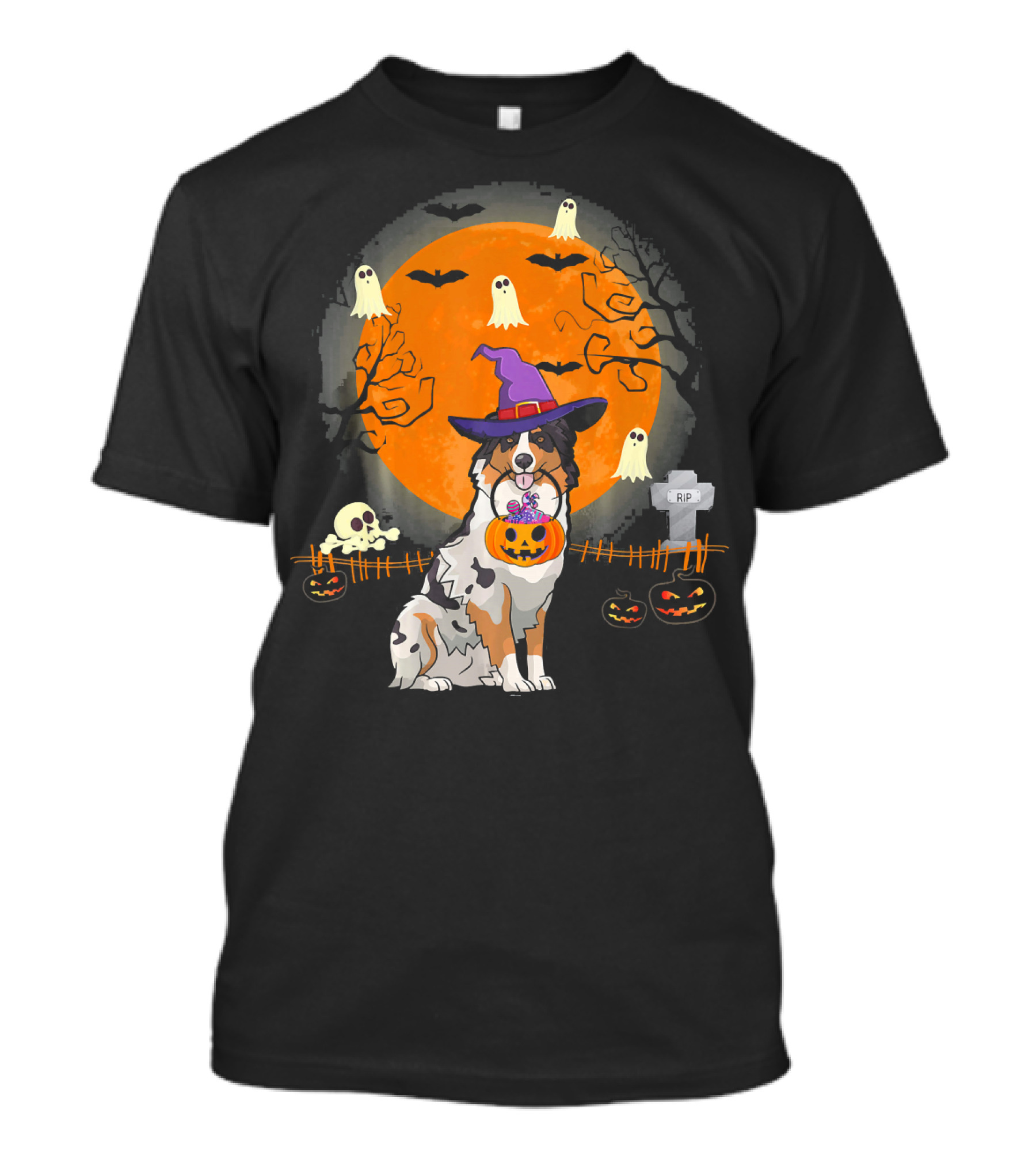Australian Shepherd Dog Halloween Witch Pumpkin And Ghosts T-Shirt