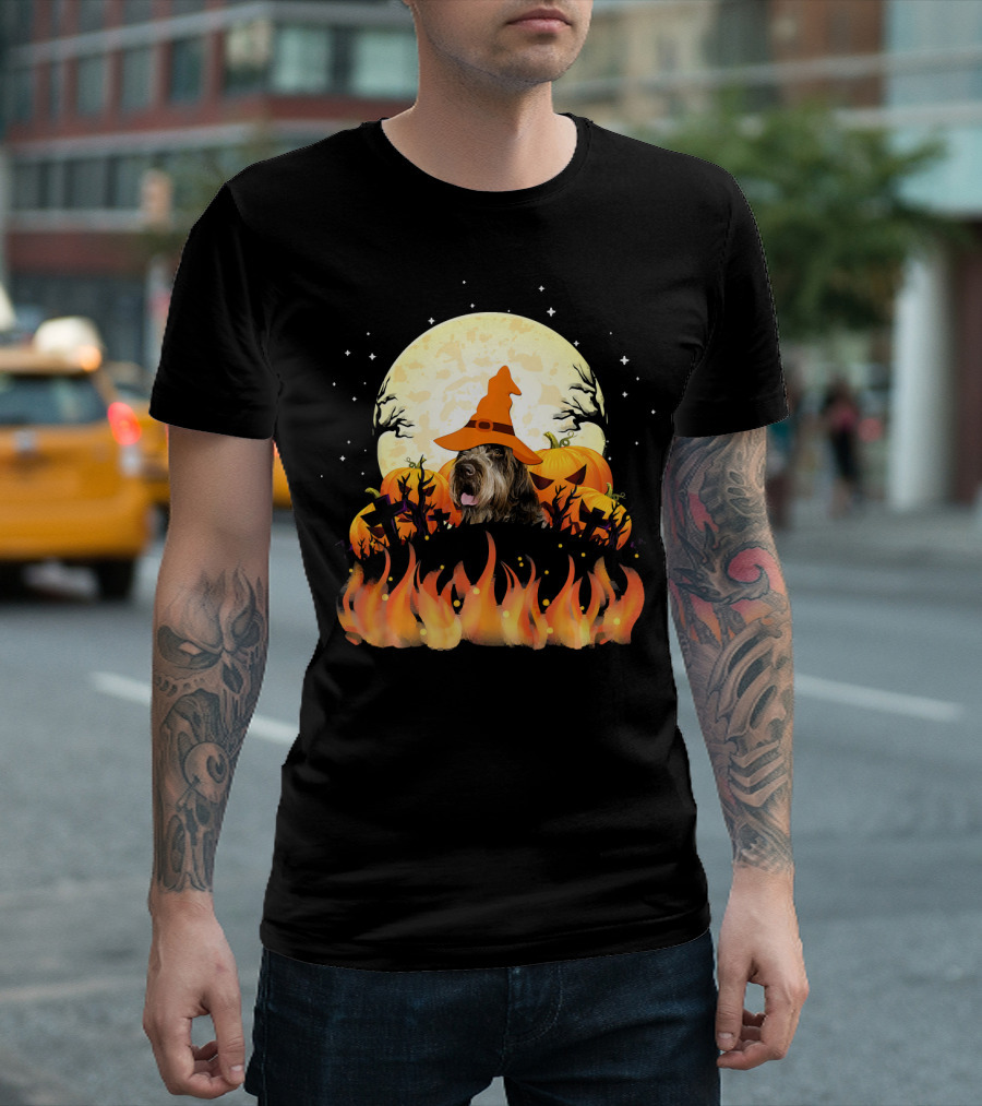 Wirehaired Pointing Griffon Dog Lovers Halloween Witch Hat Pumpkin Fire Moon T-Shirt