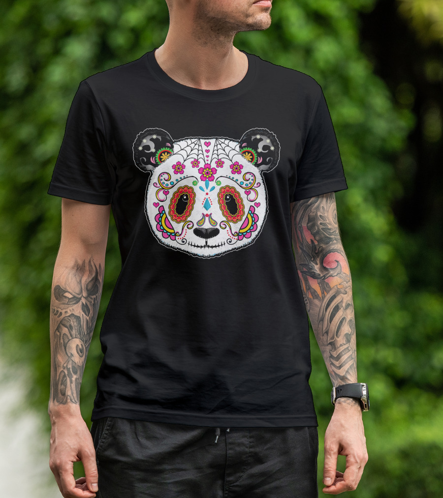 Sugar Skull Panda Day Of The Dead Colorful Floral Skulls T-Shirt