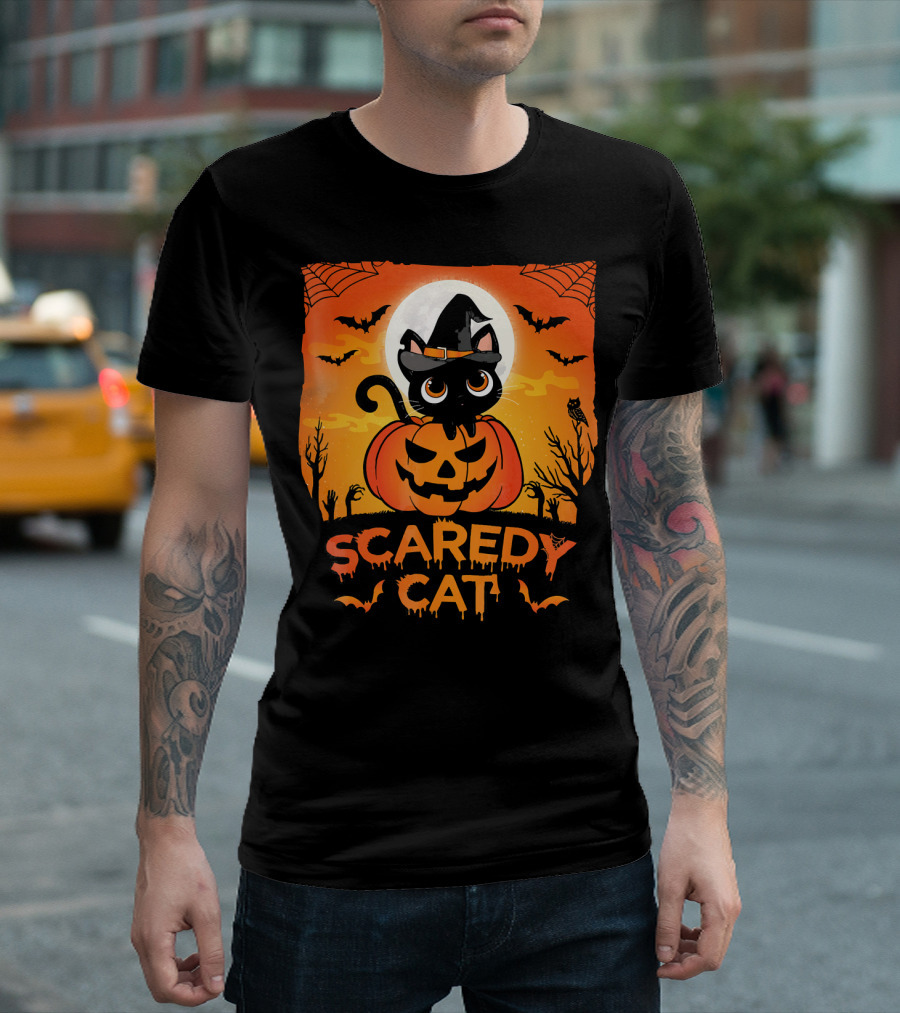 Scaredy Cat Halloween Kitten on Pumpkin With Witch Hat and Bats T-Shirt