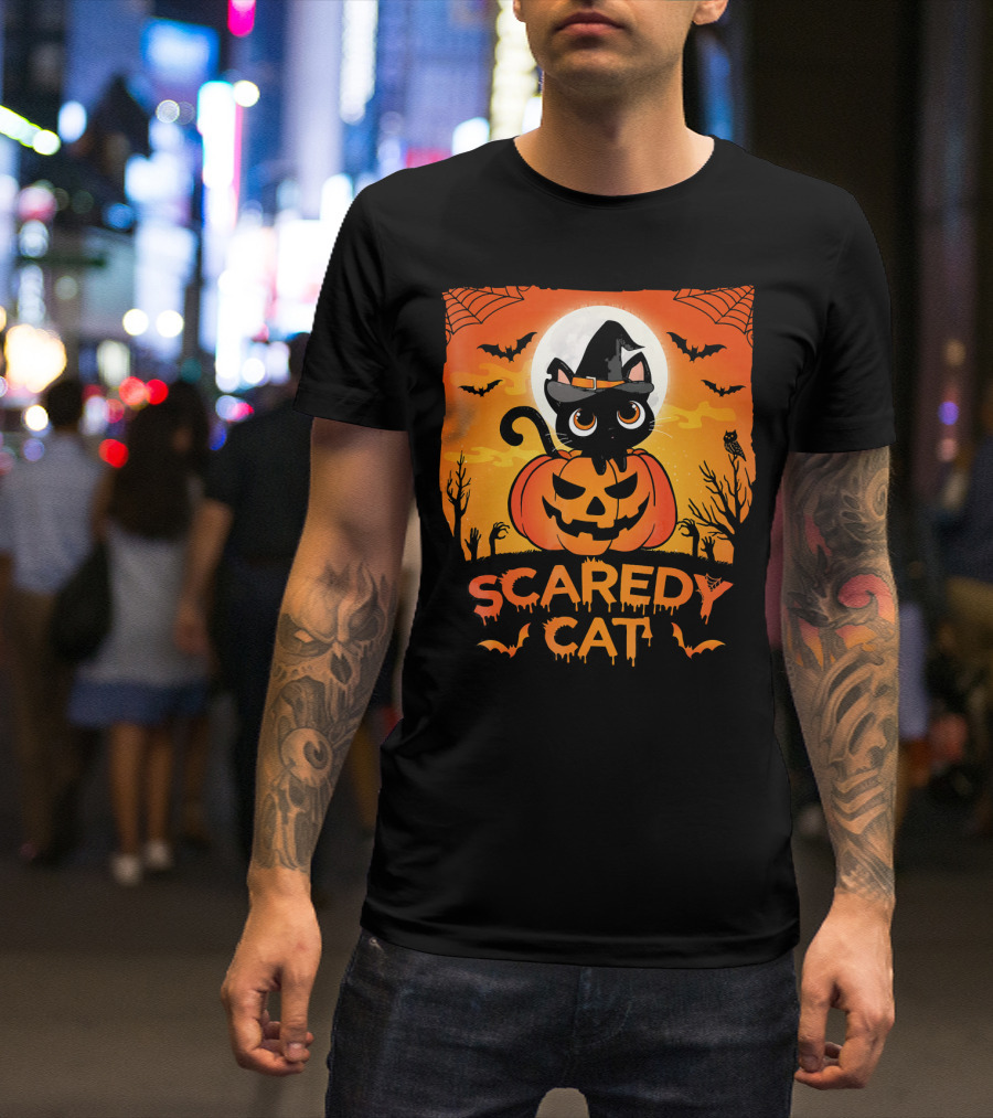 Scaredy Cat Halloween Kitten On Pumpkin With Witch Hat And Bats T-Shirt