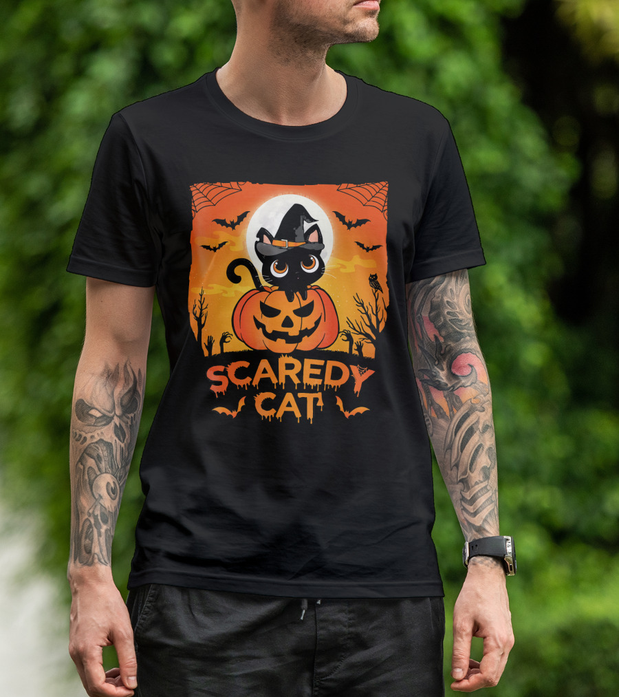 Scaredy Cat Halloween Kitten On Pumpkin With Witch Hat And Bats T-Shirt