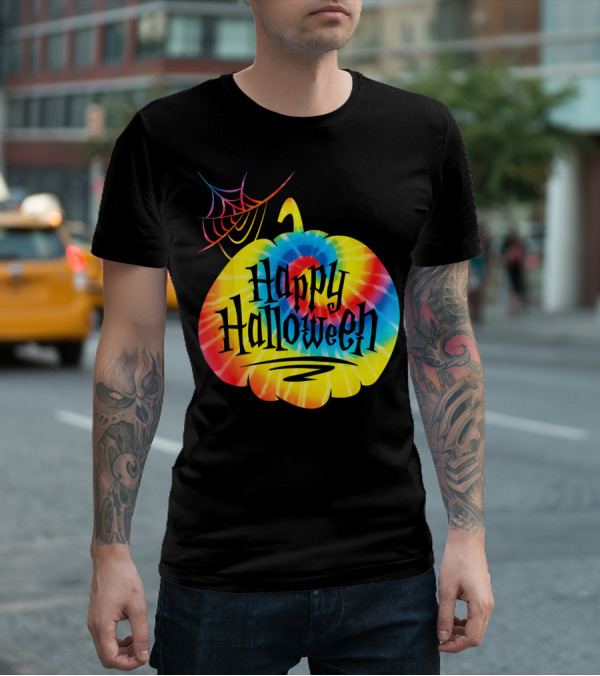 Tie Dye Pumpkin Happy Halloween Spiderweb T-Shirt