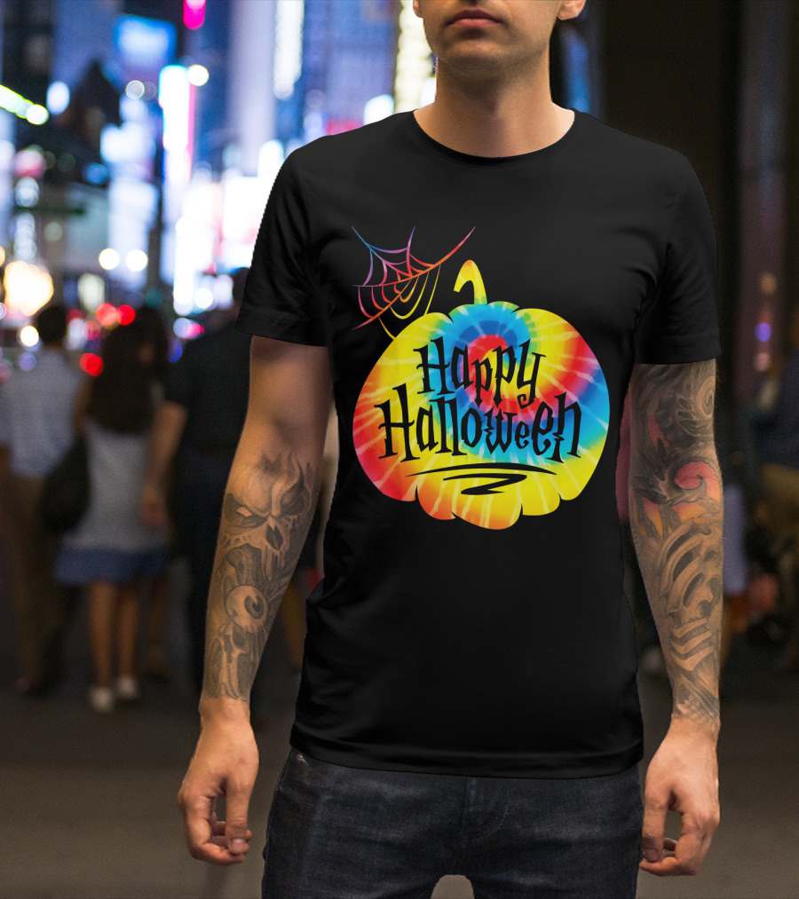 Tie Dye Pumpkin Happy Halloween Spiderweb T-Shirt