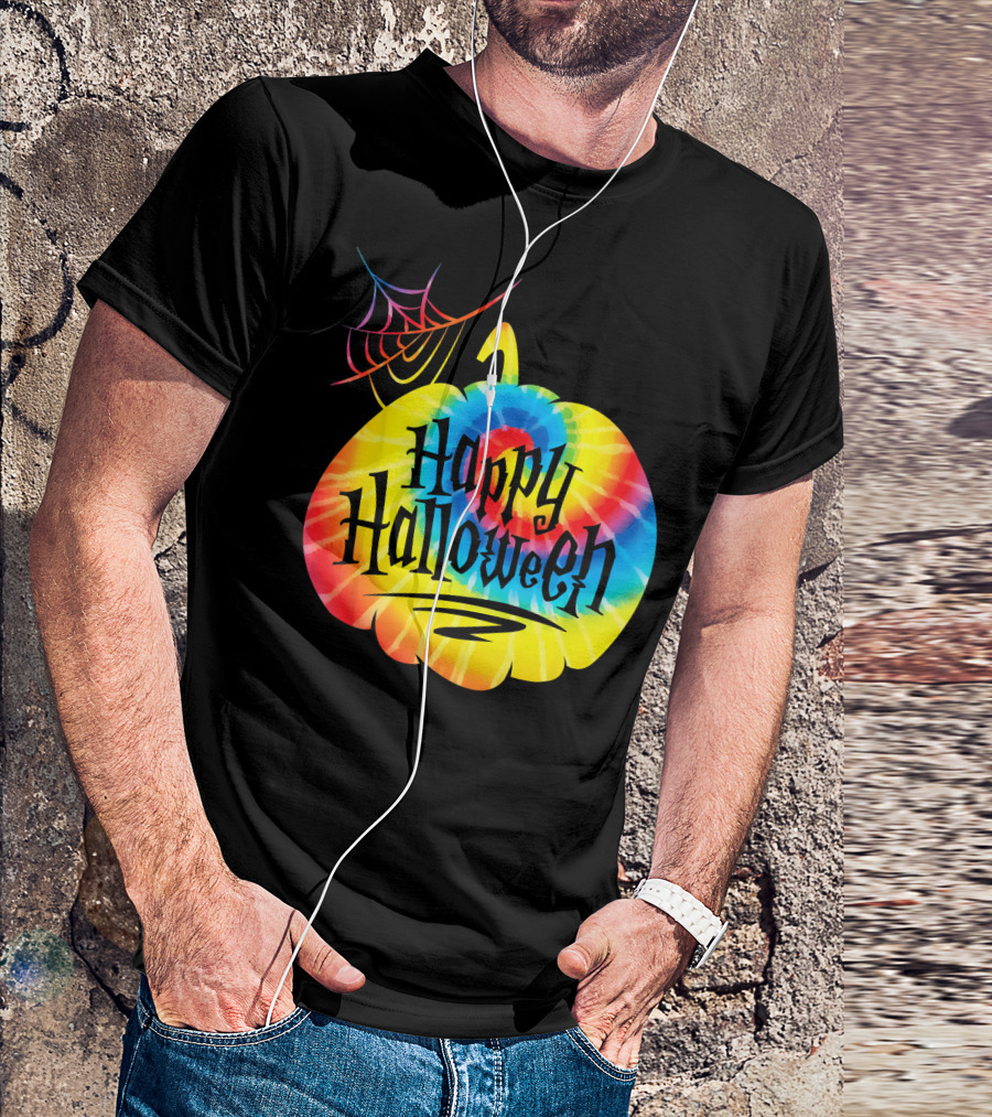 Tie Dye Pumpkin Happy Halloween Spiderweb T-Shirt