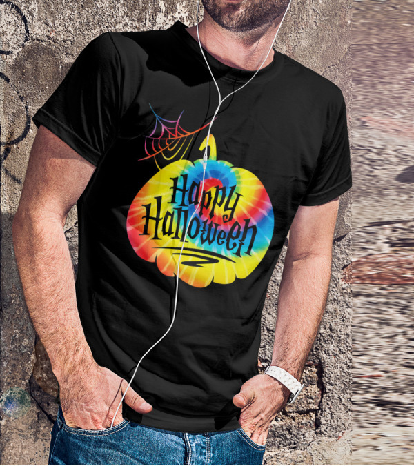 Tie Dye Pumpkin Happy Halloween Spiderweb T-Shirt
