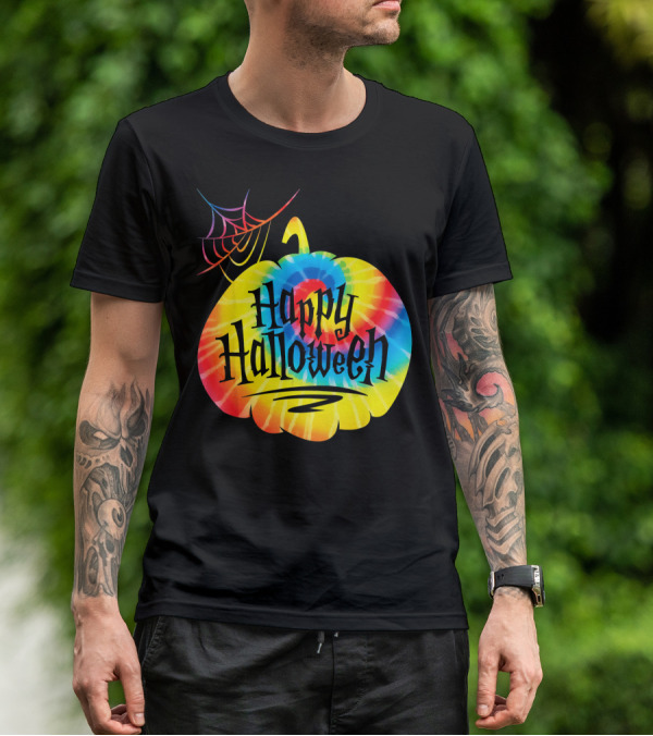 Tie Dye Pumpkin Happy Halloween Spiderweb T-Shirt