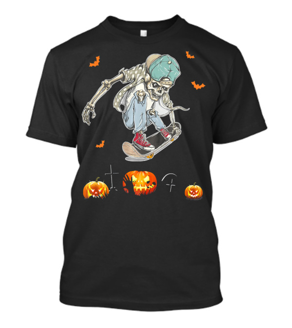 Zombie Skateboarding Teen Halloween Pumpkins And Bats T-Shirt